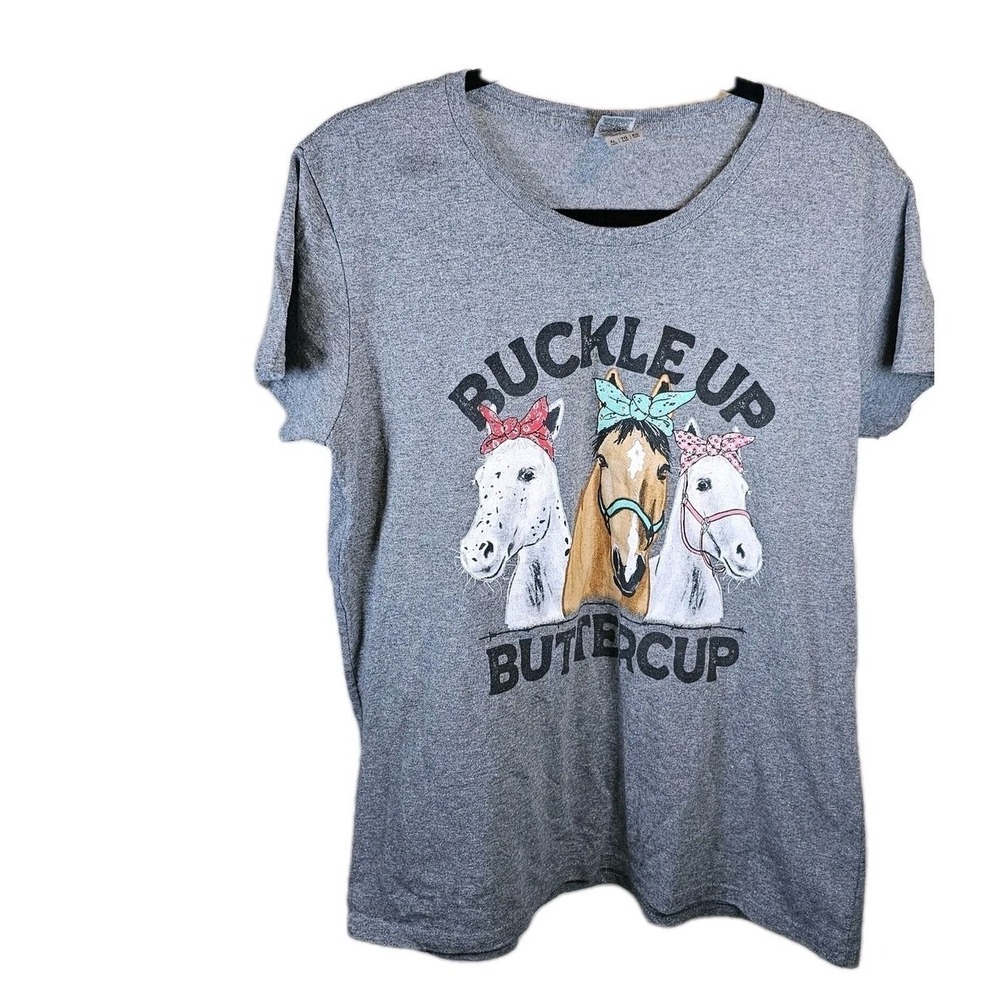 Gildan Heavy Cotton Gray *Buckle Up Buttercup* Horses T-Shirt Womans Size XLarge - Picture 1 of 6